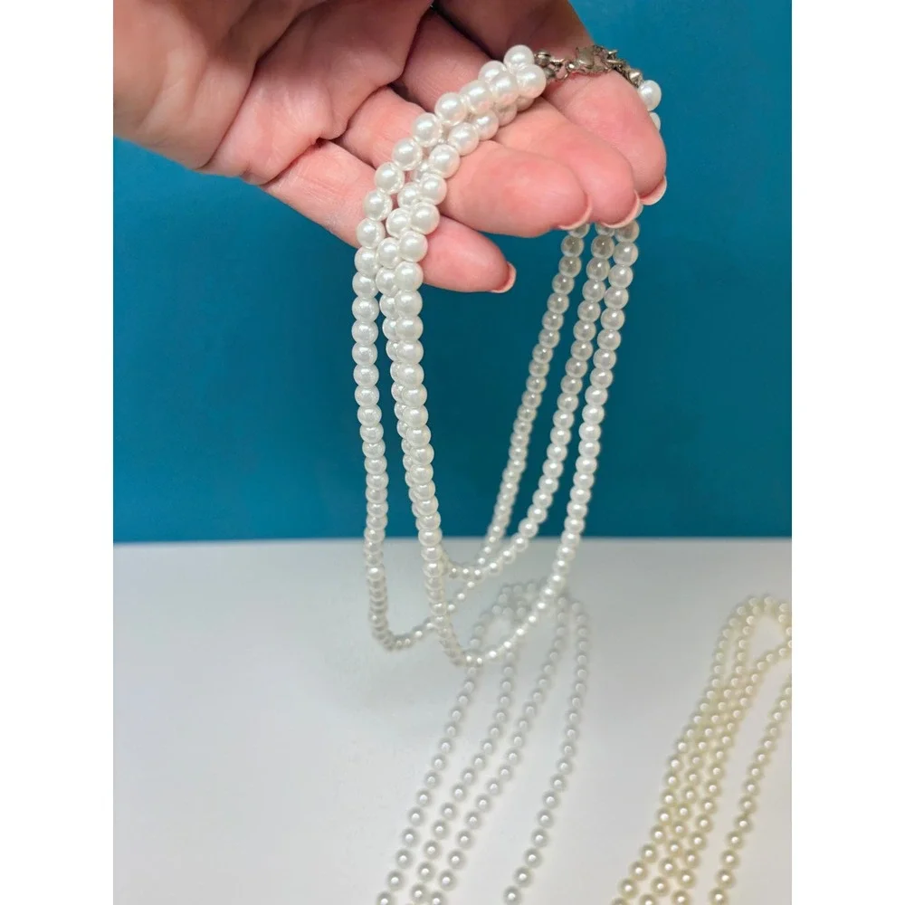 Vtg Style Faux Pearl Necklace Lot 5 Pieces White Cream Multi Strand Layered - Picture 9 of 16